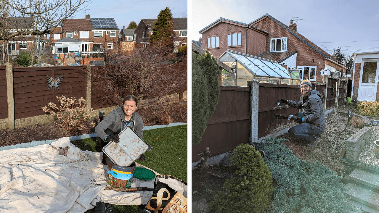 Before and after picture from fence painting gardening project