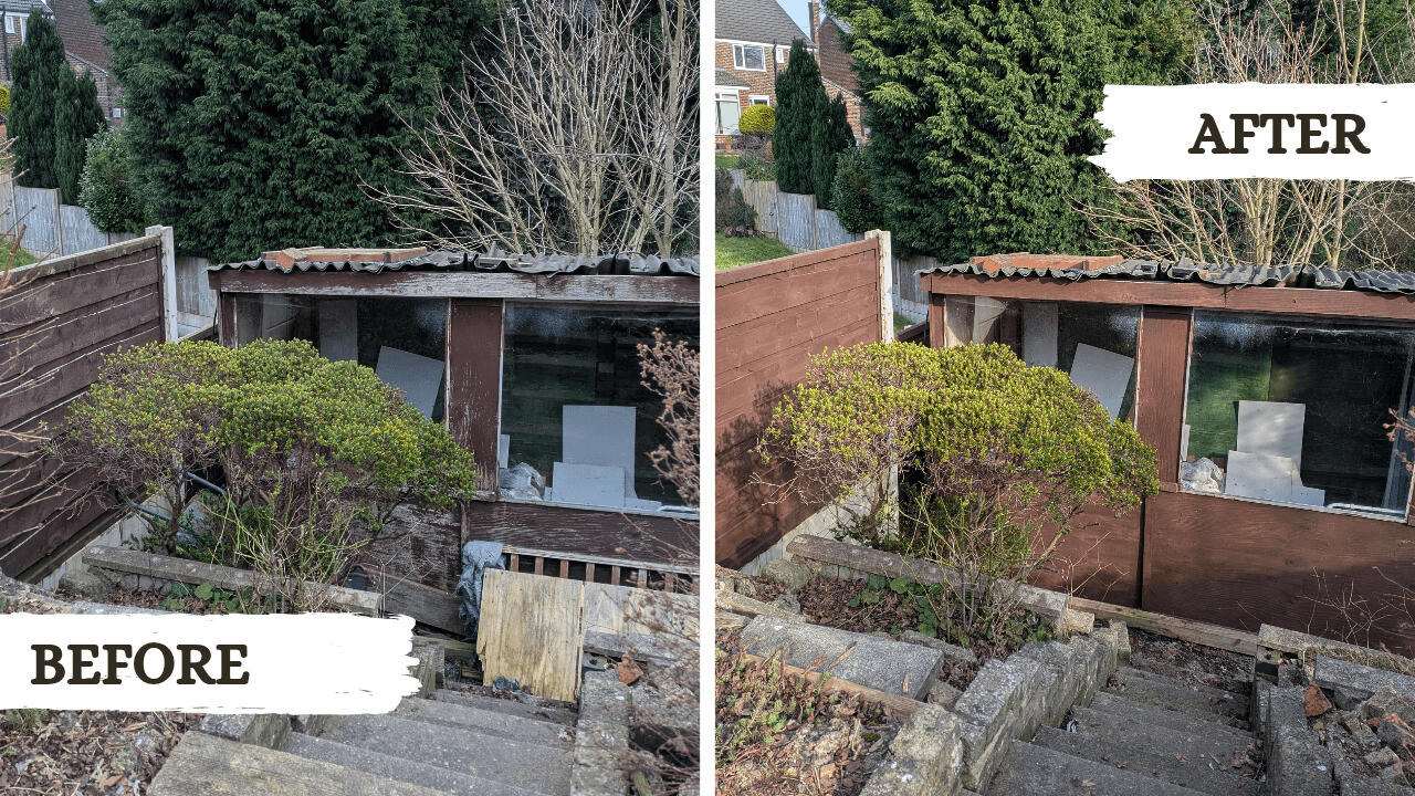 Before and after picture from fence painting gardening project