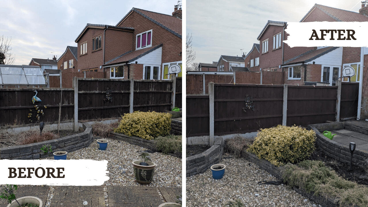 Before and after picture from fence painting gardening project