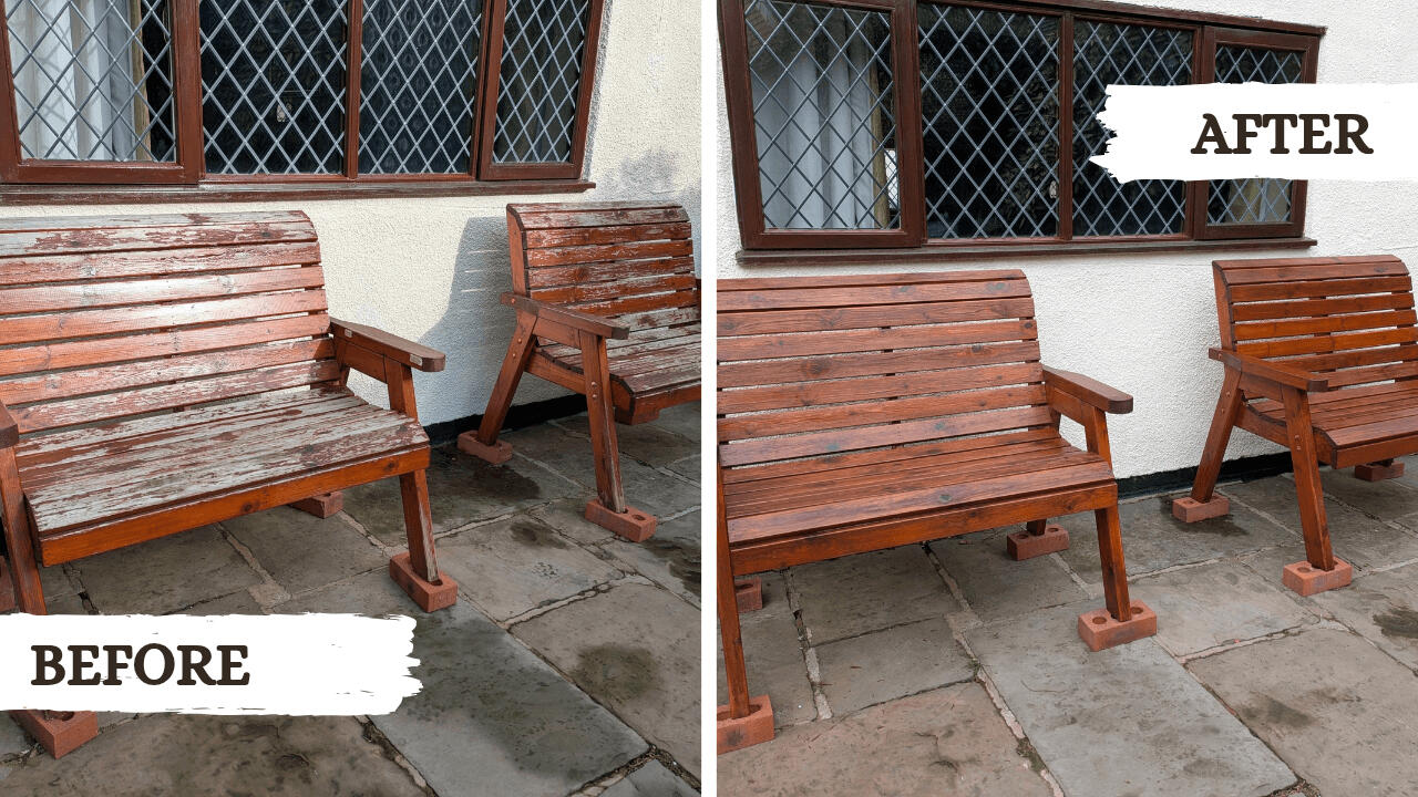 Before and after picture from painting garden furniture